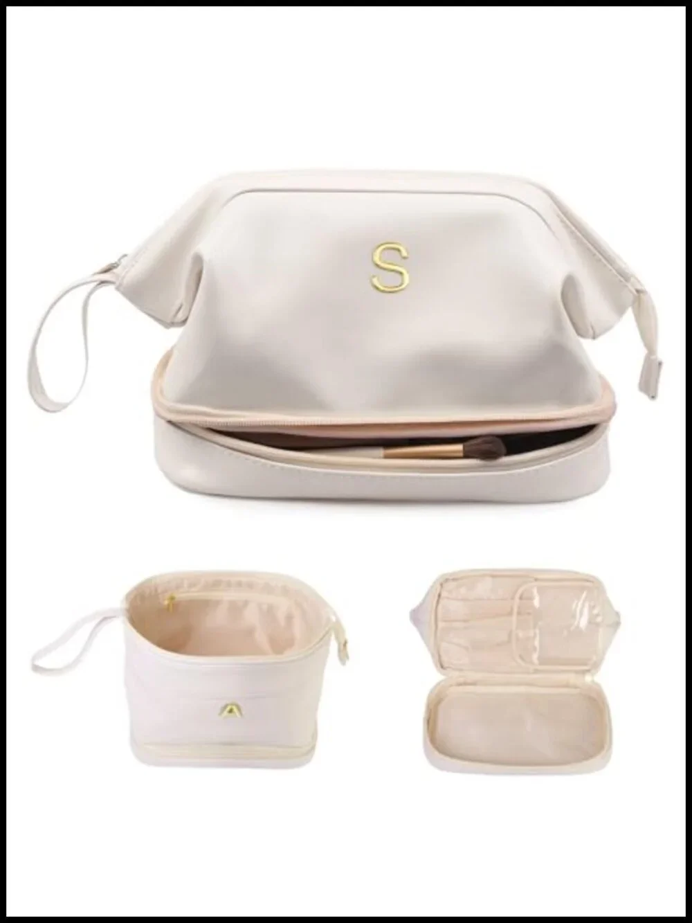 PU Leather Double Layer Cosmetic Bag with Makeup Brush Organizer Travel